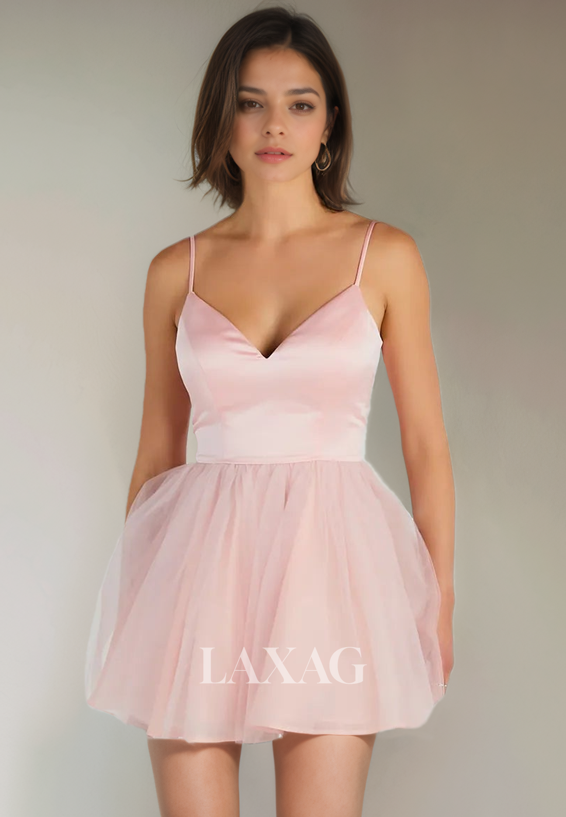 A-Line Spaghetti Straps V-Neck Open Back Tulle Party Homecoming Dress Laxag A-Line Spaghetti Straps V-Neck Open Back Tulle Party Homecoming Dress Laxag