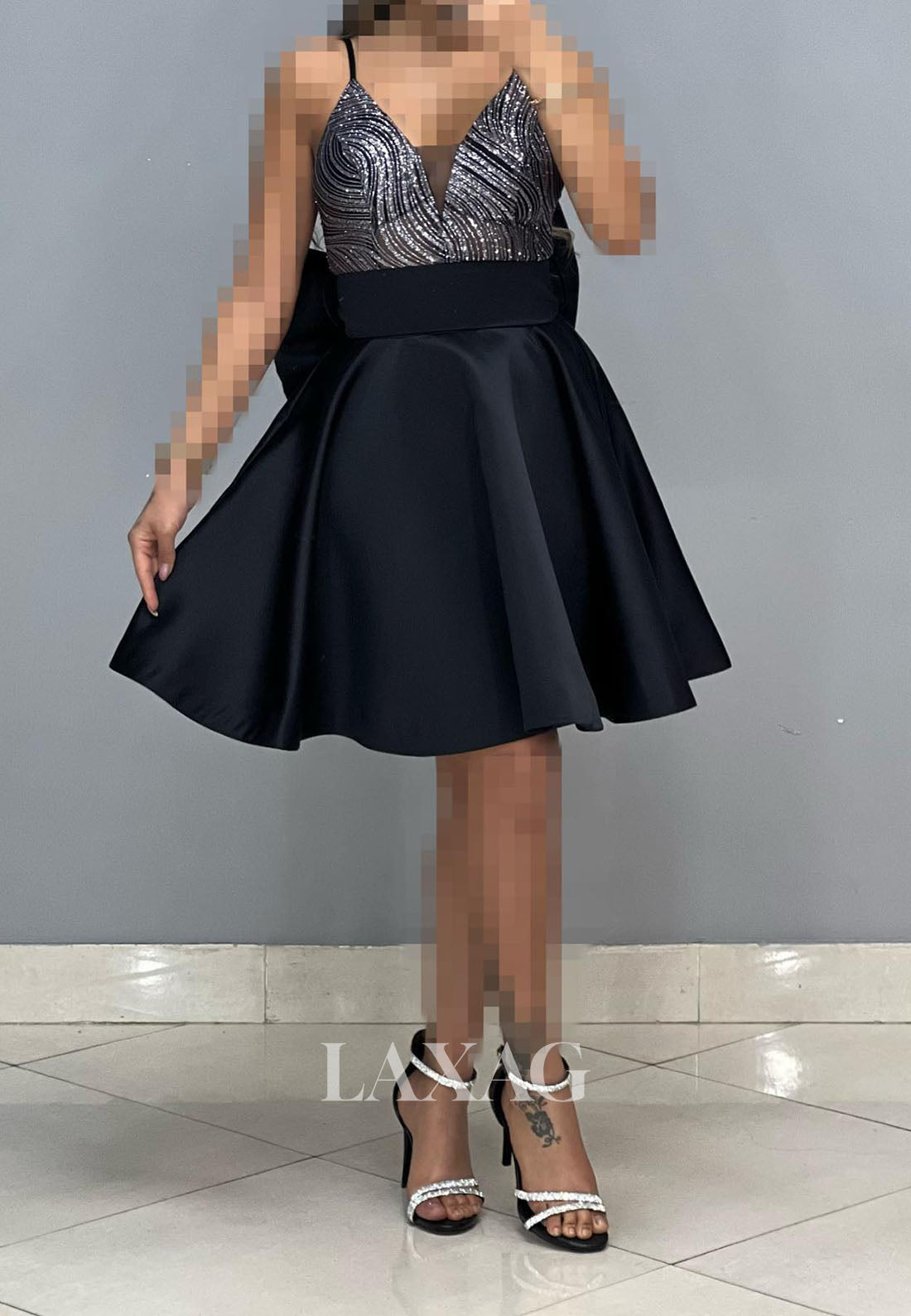 23157 - A-Line Spaghetti Straps V-Neck Sequins Sleek Satin Party Homecoming Dress