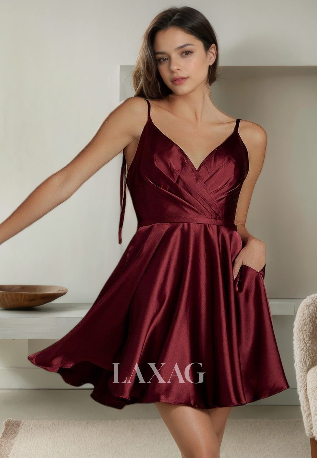 A-Line Spaghetti Straps V-Neck Sleek Satin Elegant Party Homecoming Dress