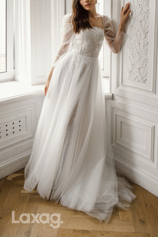 22626 - A-Line Square Appliques Tulle Long Sleeves Sleek Satin Wedding Dress