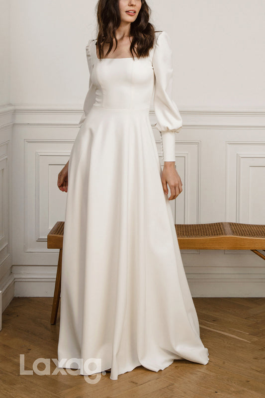 22625 - A-Line Square Backless Long Sleeves Sleek Satin Wedding Dress