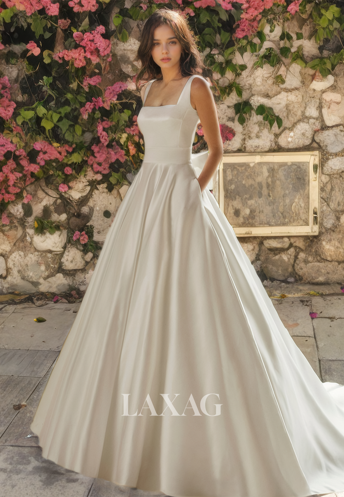 A-Line Square Backless Sleek Satin Elegant Wedding Dress with Train