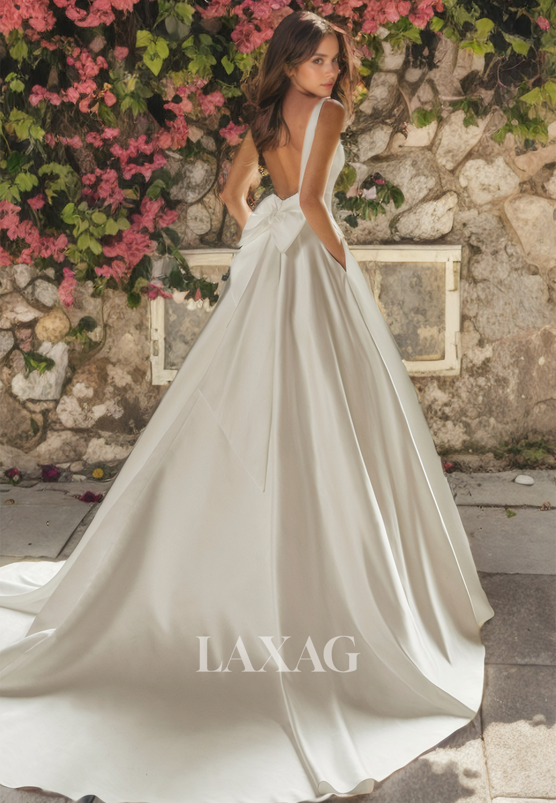 A-Line Square Backless Sleek Satin Elegant Wedding Dress with Train