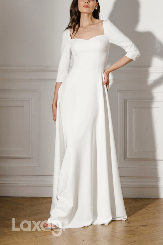 22627 - A-Line Square Half Sleeves Sleek Satin Wedding Dress