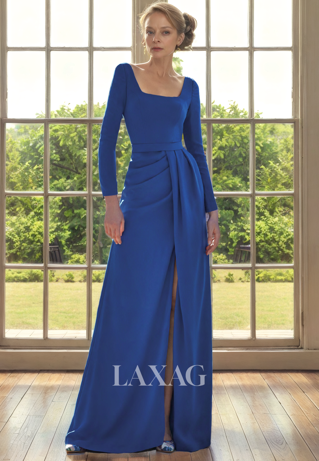 A-Line Square Long Sleeves Pleated Sleek Satin Mother of the Bride Dress with Slit