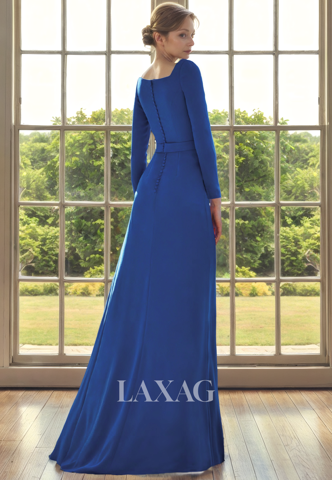 A-Line Square Long Sleeves Pleated Sleek Satin Mother of the Bride Dress with Slit