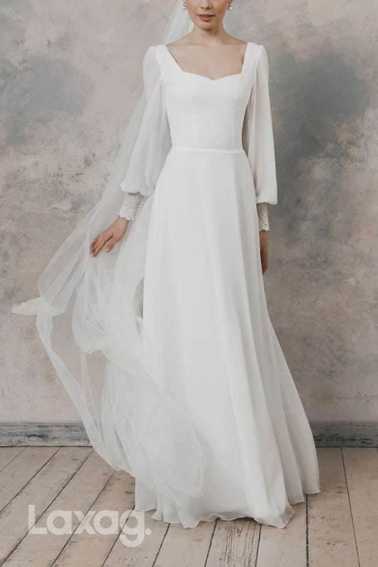 22628 -A-Line Square Long Sleeves Sleek Satin Wedding Dress