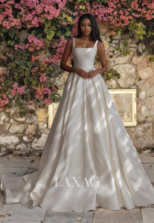 A-Line Square Sleek Satin Eleagnt Wedding Dress with Train