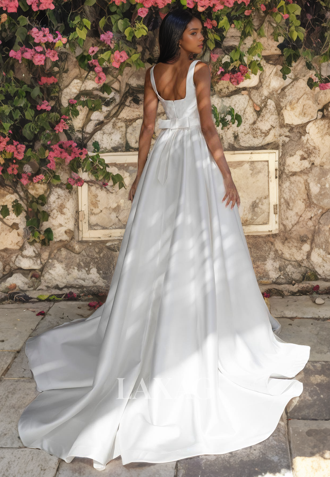 A-Line Square Sleek Satin Eleagnt Wedding Dress with Train