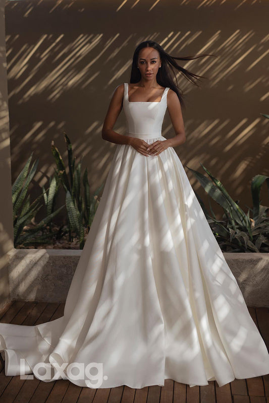 22380 - A-Line Square Sleek Satin Elegant Wedding Dress with Train