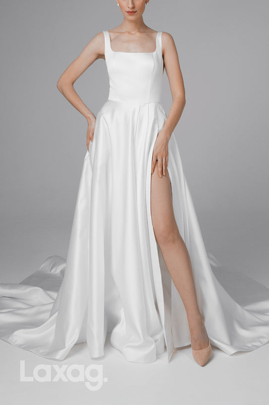 22616 - A-Line Square Sleek Satin High Slit Wedding Dress with Train