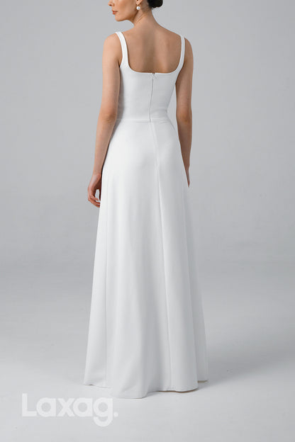 22989 - A-Line Square Straps Sleek Satin Elegant Wedding Dress with Slit and Train