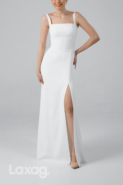 22989 - A-Line Square Straps Sleek Satin Elegant Wedding Dress with Slit and Train