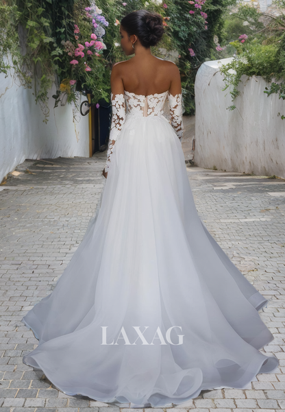 A-Line Strapless Appliques High Slit Elegant Wedding Dress with Train