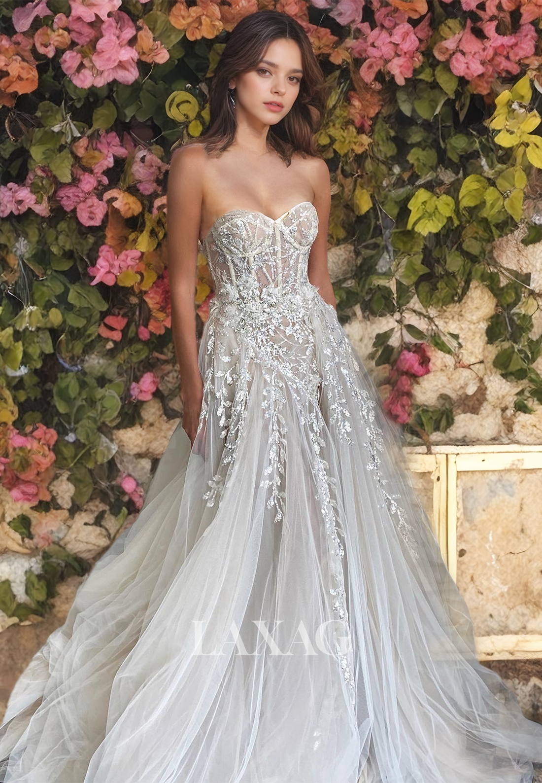 A-Line Strapless Appliques Tulle High Slit Wedding Dress with Train