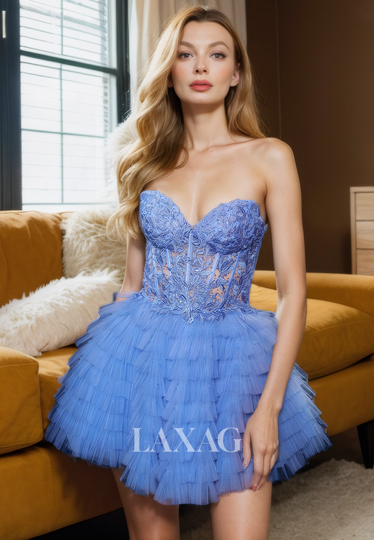 A-Line Strapless Backless Appliques Tulle Tiered Party Homecoming Dress