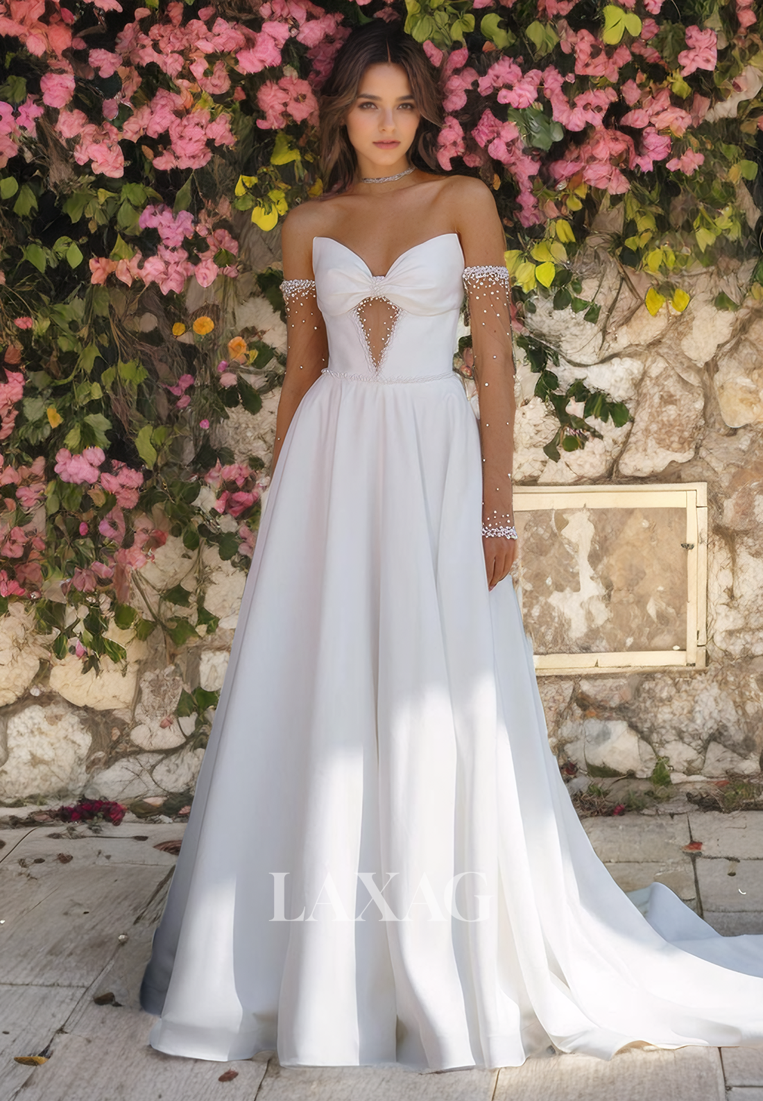 A-Line Strapless Beaded Cutout Elegant Wedding Dress with Train