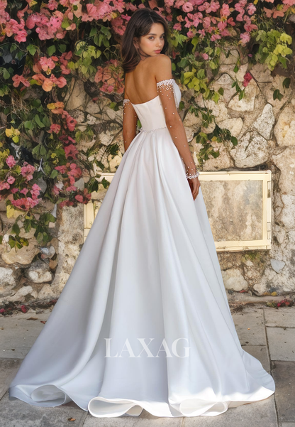 A-Line Strapless Beaded Cutout Elegant Wedding Dress with Train