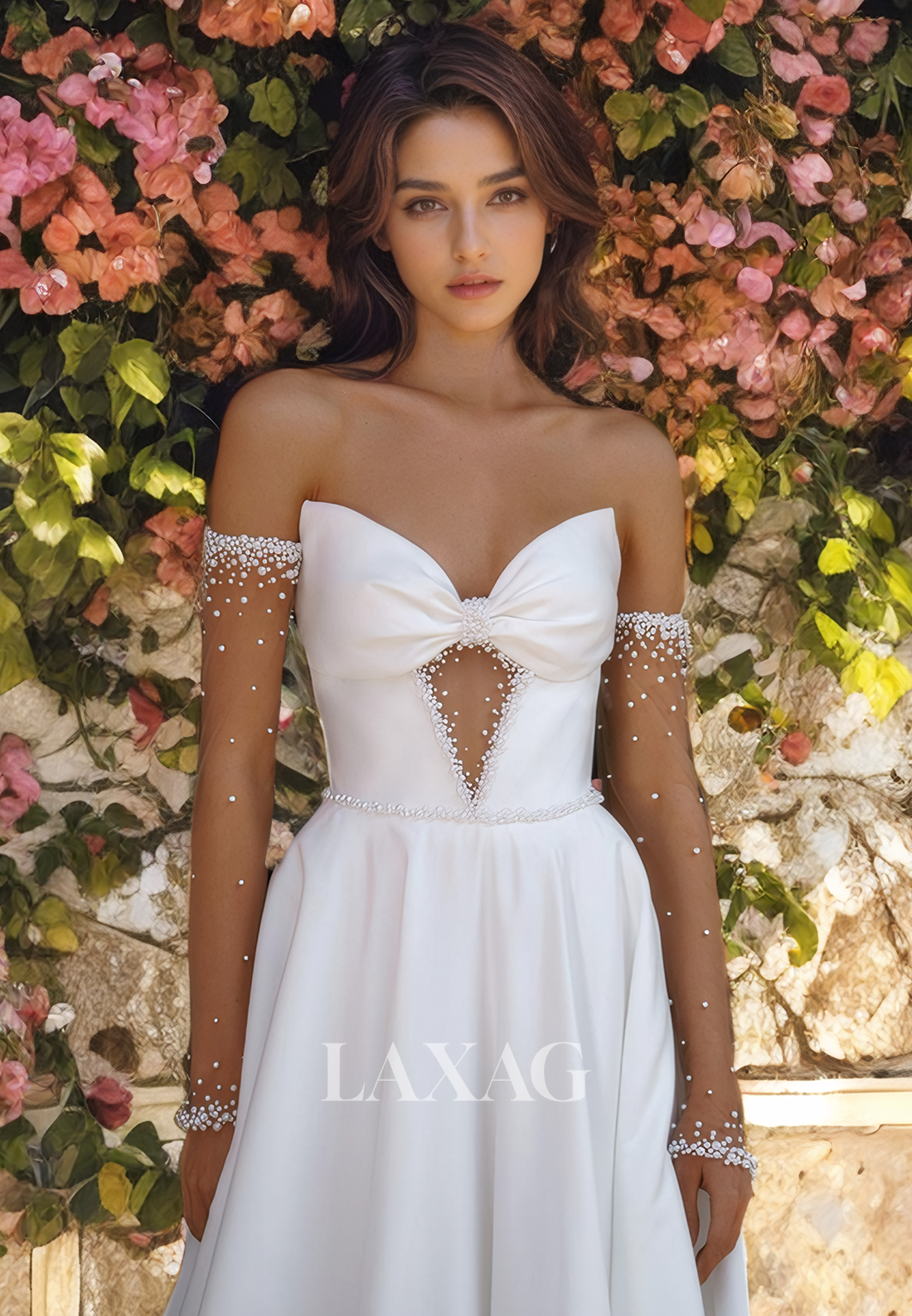 A-Line Strapless Beaded Cutout Elegant Wedding Dress with Train