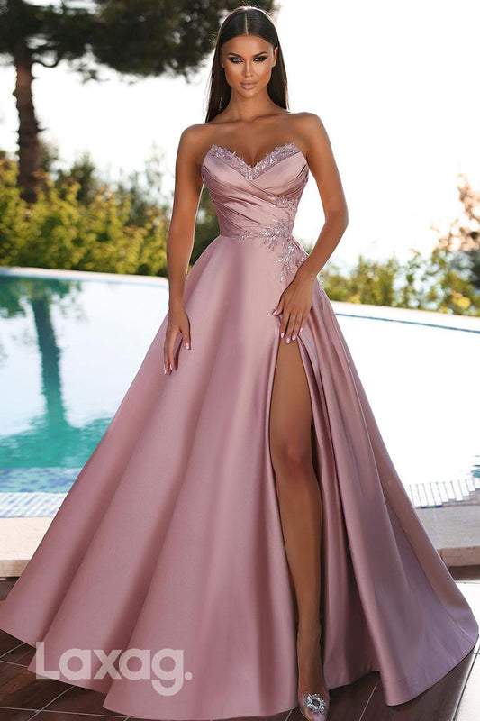 22312 - A-Line Strapless Beaded High Slit Party Prom Formal Evening Dress
