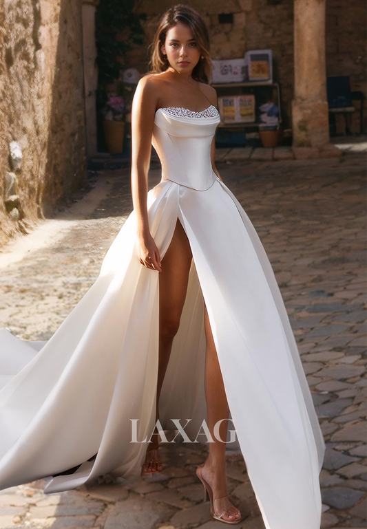 A-Line Strapless Beaded High Slit Sleek Satin Elegant Wedding Dress with Train