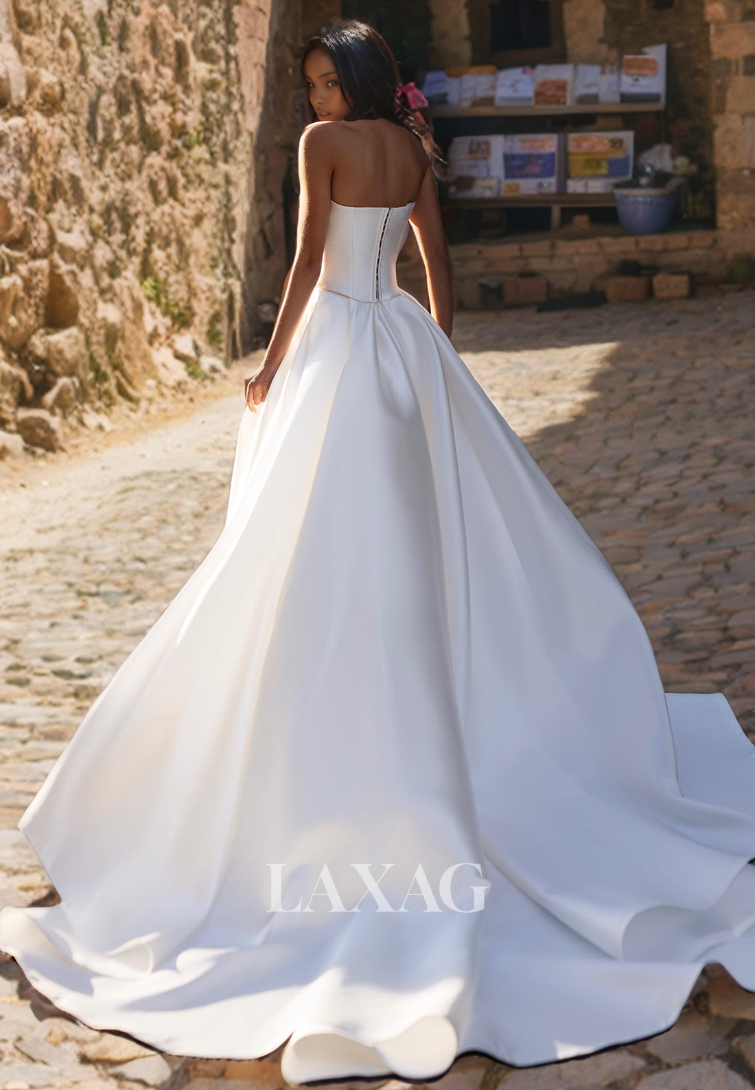 A-Line Strapless Beaded High Slit Sleek Satin Elegant Wedding Dress with Train