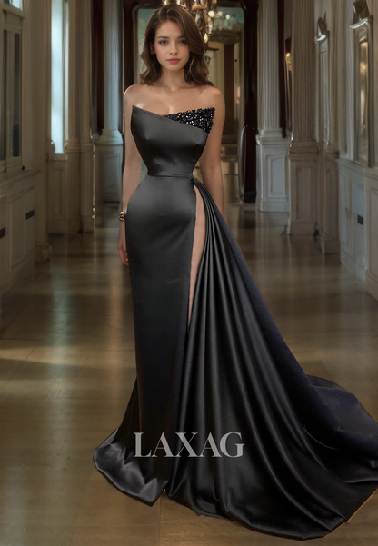 A-Line Strapless Beaded High Slit Sleek Satin Party Prom Formal Evening Dress with Train