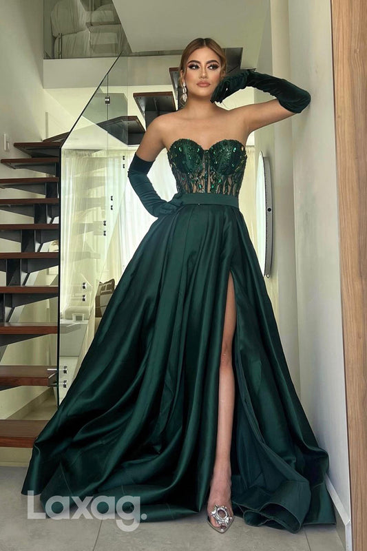 22309 - A-Line Strapless Beaded Party Prom Formal Evening Dress with Slit