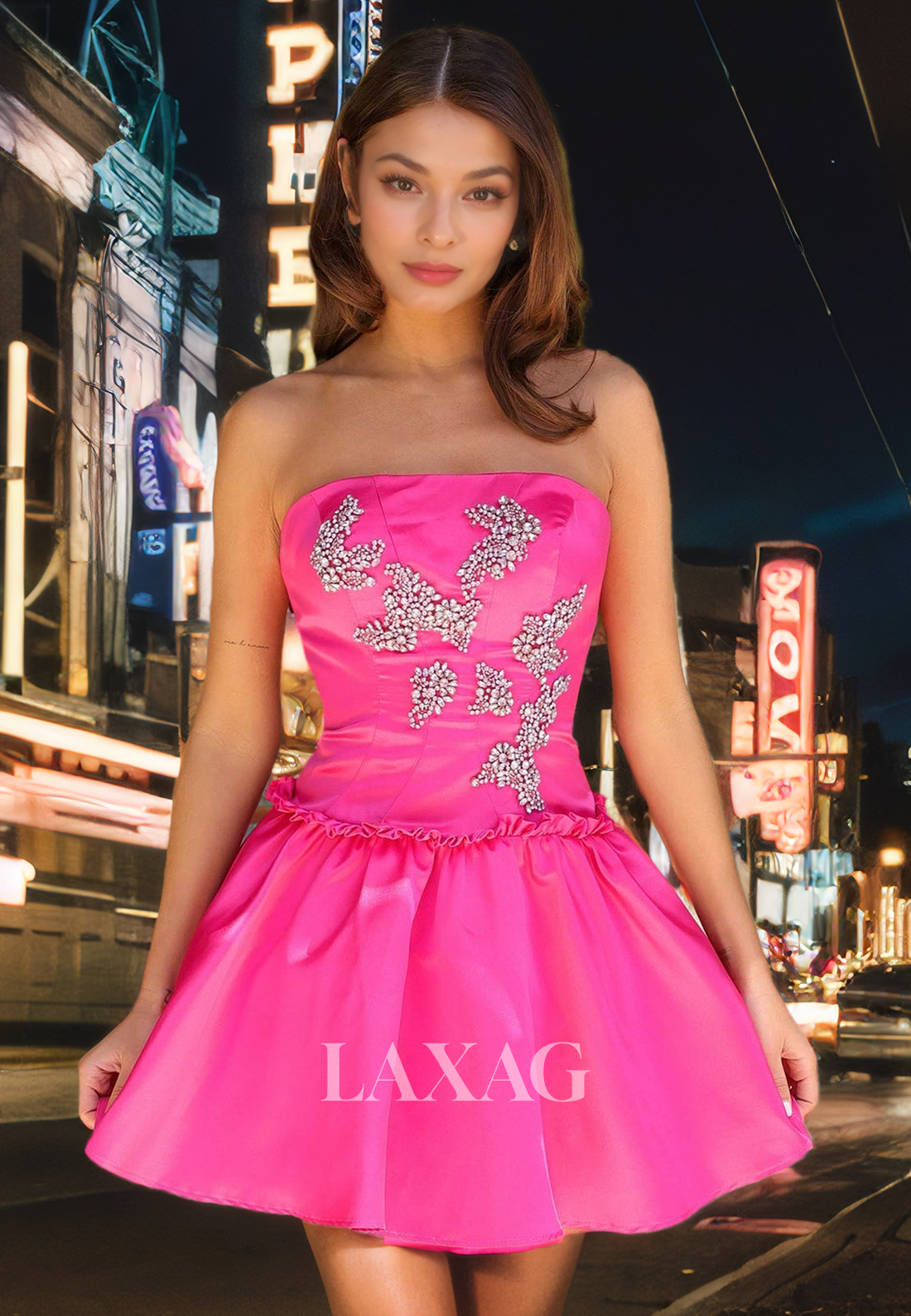 A-Line Strapless Beaded Sleek Satin Elegant Party Homecoming Dress