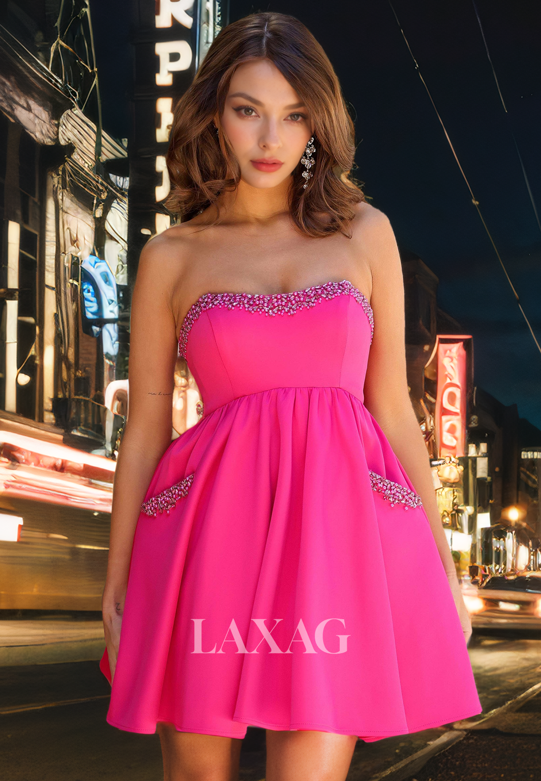 A-Line Strapless Beaded Sleek Satin Elegant Party Homecoming Dress