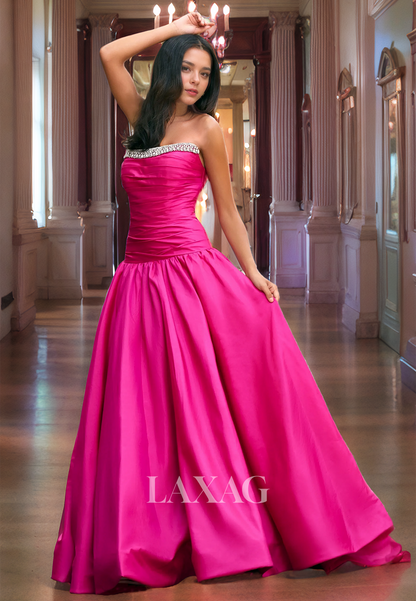 A-Line Strapless Beaded Sleek Satin Elegant Party Prom Formal Evening Dress