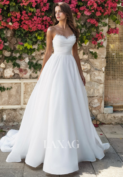 A-Line Strapless Beaded Sleek Satin Elegant Wedding Dress with Train