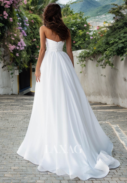 A-Line Strapless Beaded Sleek Satin Elegant Wedding Dress with Train