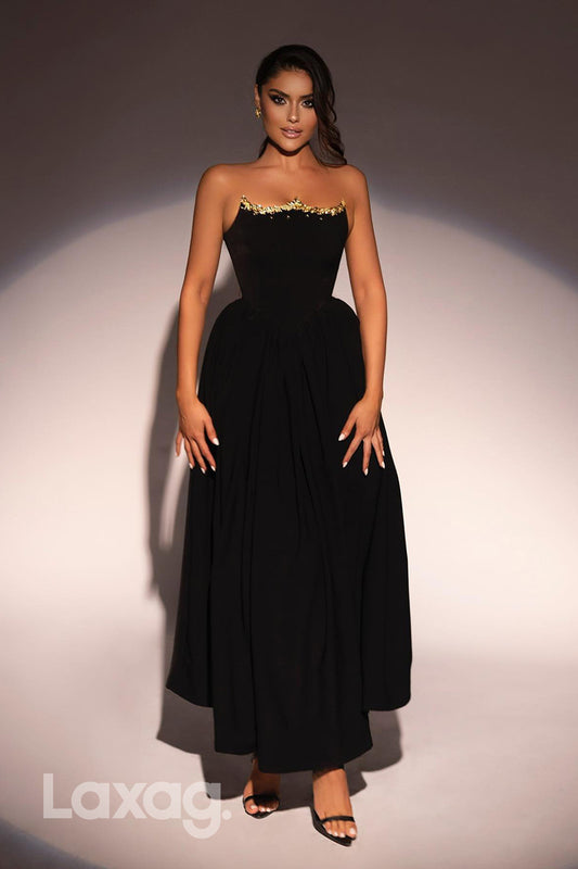 22289 - A-Line Strapless Beaded Sleek Satin Party Prom Formal Evening Dress