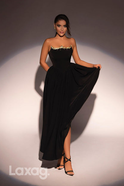 22289 - A-Line Strapless Beaded Sleek Satin Party Prom Formal Evening Dress