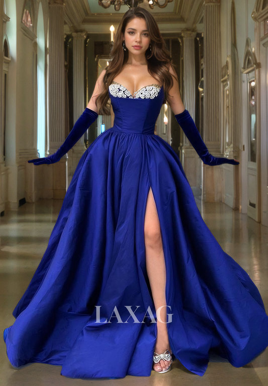 22232 - A-Line Sweetheart  Beaded Sleek Satin Party Prom Formal Evening Dress with Slit