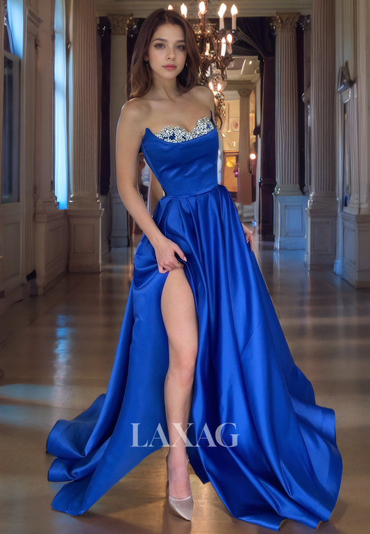 21912 - A Line Strapless Beads Satin Elegant Formal Prom Dress with Slit