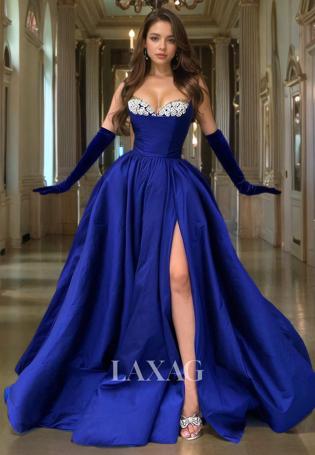 22064 - A Line Sweetheart Beads Satin Long Formal Prom Dress