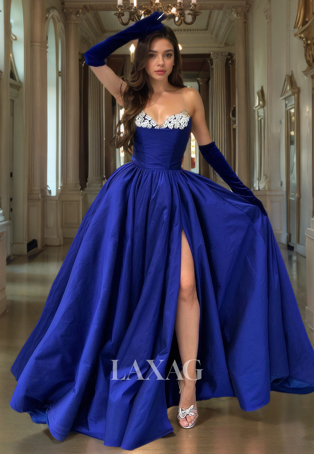 A-Line Strapless Beaded Sleek Satin Party Prom Formal Evening Dress with Slit