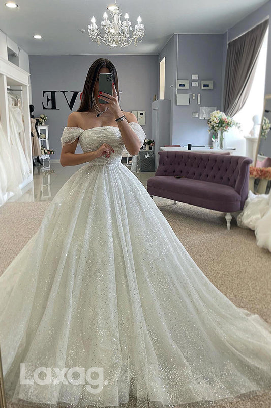 22386 - A-Line Strapless Detachable Off Shoulder Sparkly Tulle Wedding Dress