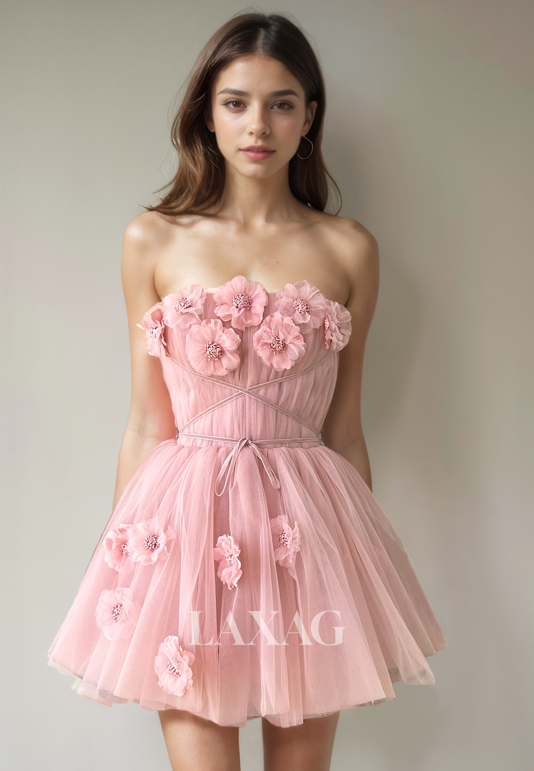 A-Line Strapless Floral Embossed Tulle Elegant Party Homecoming Dress