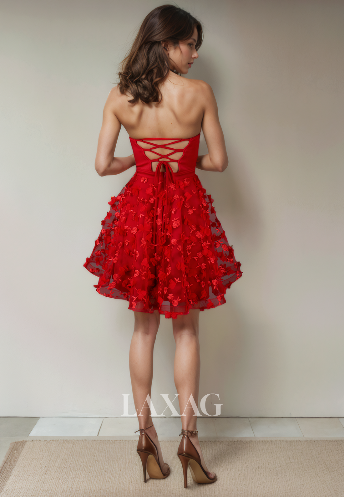 A-Line Strapless Floral Embossed Tulle Elegant Party Homecoming Dress