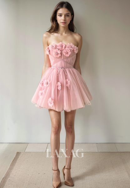 A-Line Strapless Floral Embossed Tulle Elegant Party Homecoming Dress