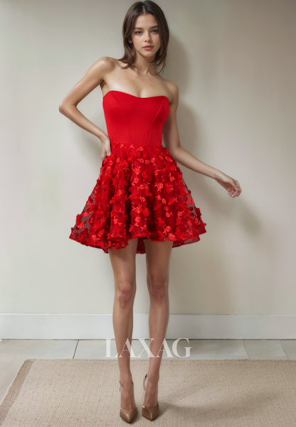 A-Line Strapless Floral Embossed Tulle Elegant Party Homecoming Dress