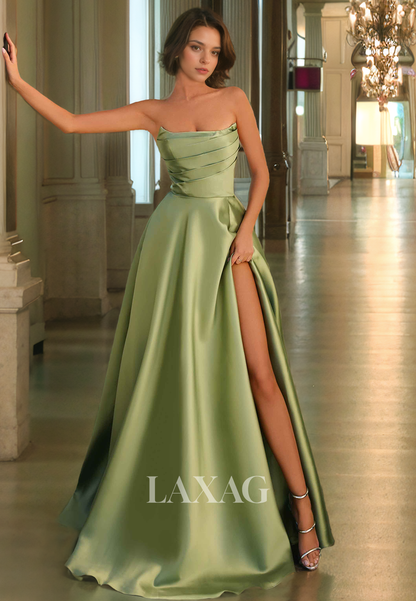 A-Line Strapless High Slit Pleated Sleek Satin Party Prom Formal Evening Dress