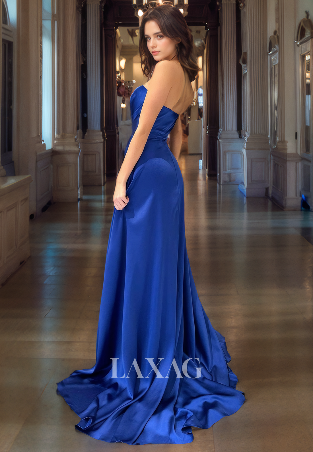 A-Line Strapless High Slit Sleek Satin Elegant Party Prom Formal Evening Dress