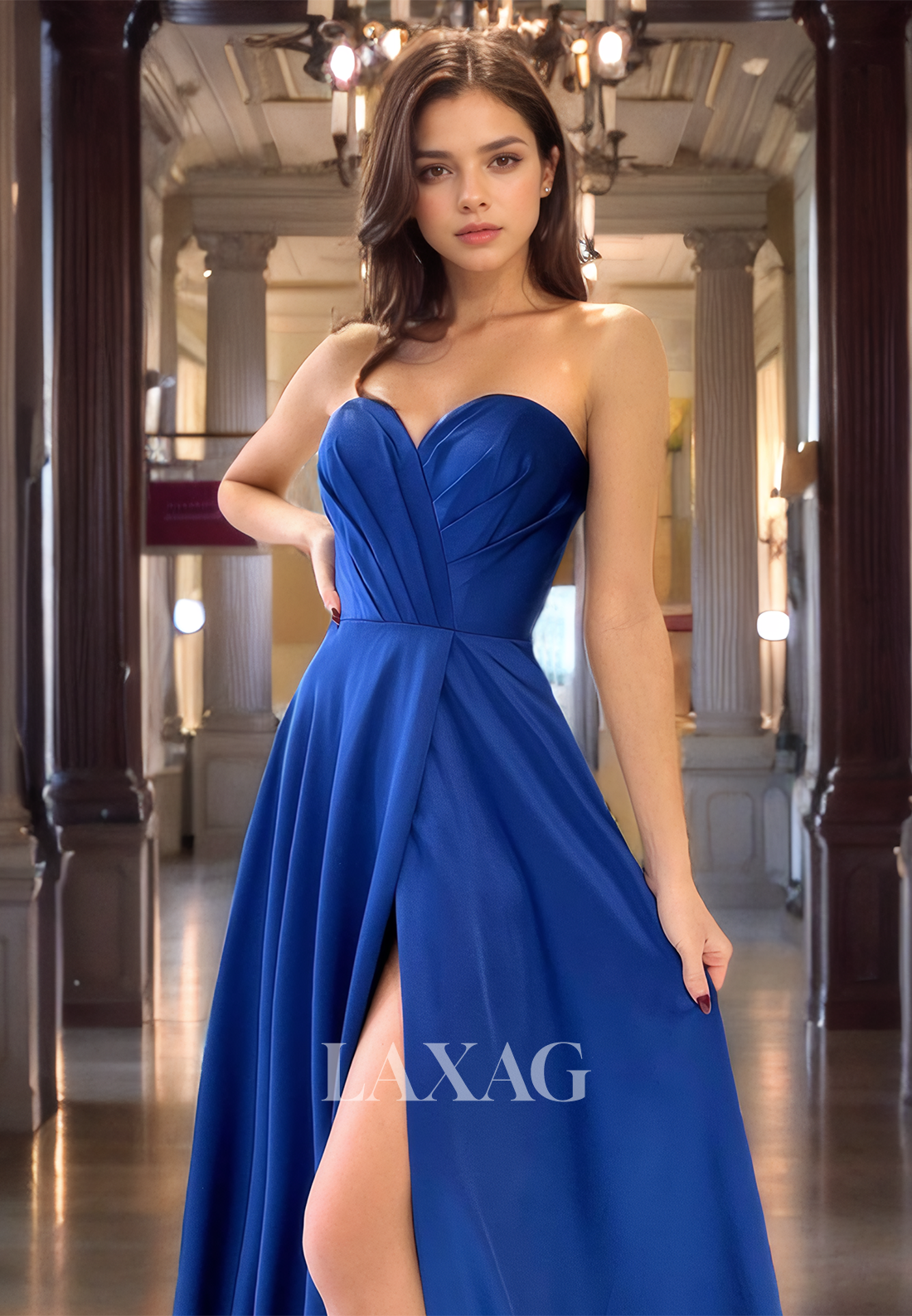 A-Line Strapless High Slit Sleek Satin Elegant Party Prom Formal Evening Dress