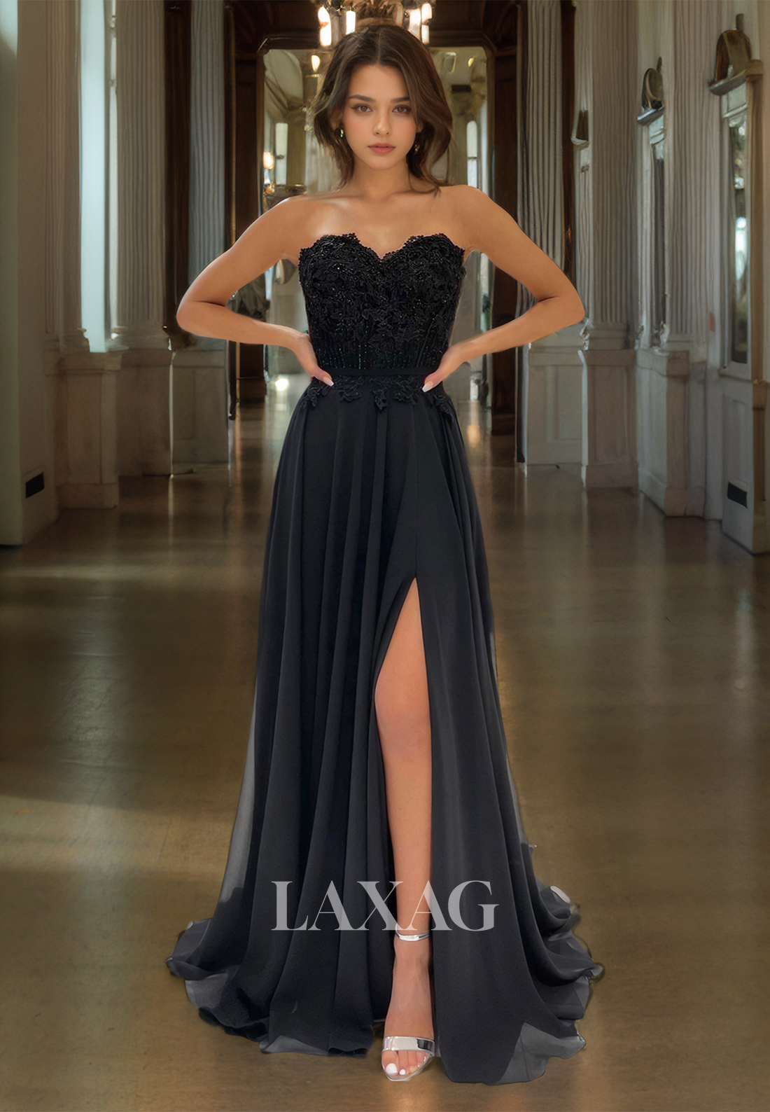 16707 - Strapless Lace Appliques Black Prom Dress with Slit