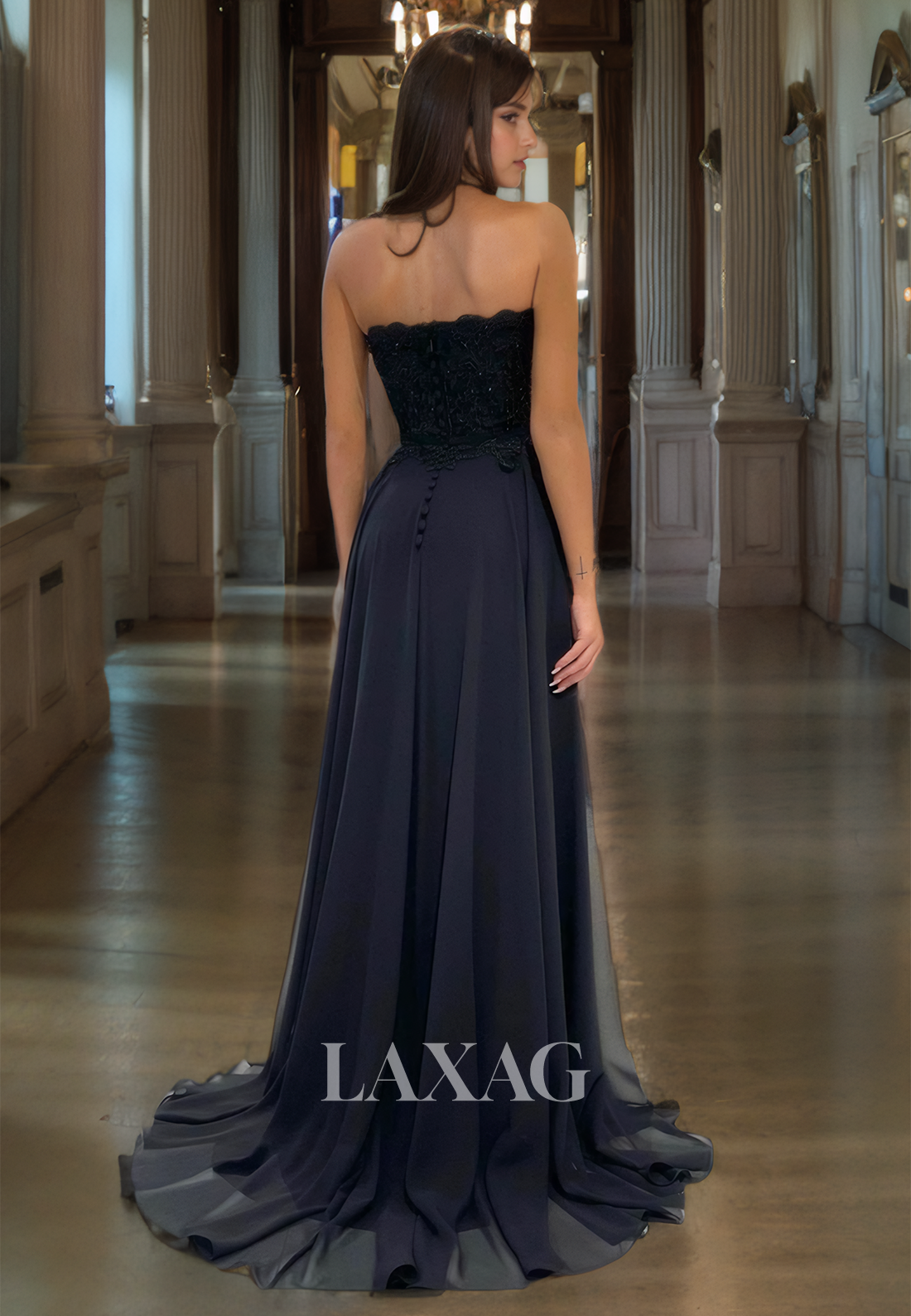 A-Line Strapless Lace Appliques High Slit Party Prom Formal Evening Dress with Train