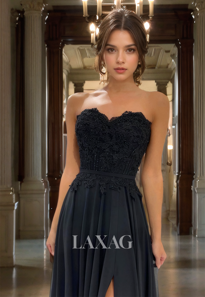 16707 - Strapless Lace Appliques Black Prom Dress with Slit